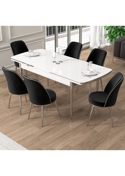 Pale Serisi 80X132 Açılabilir Beyaz Mutfak Masa Takımı 6 Sandalye Krom Detay