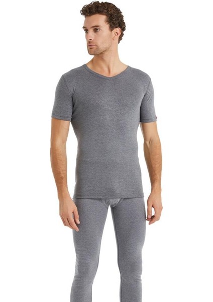 V Yaka Kısa Kol Unisex Gri Termal İçlik C3T6N2O1