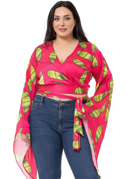 Büyük Beden Belden Bağlamalı Kol Detaylı Saten Fuşya Bolero