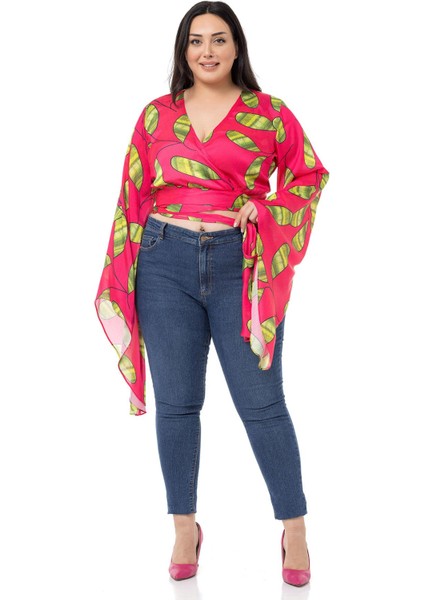 Büyük Beden Belden Bağlamalı Kol Detaylı Saten Fuşya Bolero fiyatları