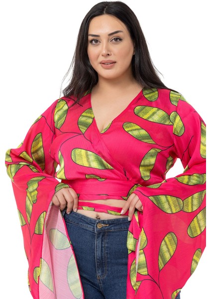 Büyük Beden Belden Bağlamalı Kol Detaylı Saten Fuşya Bolero fırsatları