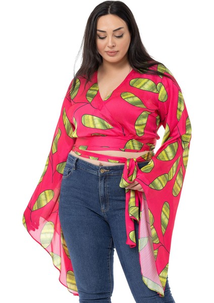 Büyük Beden Belden Bağlamalı Kol Detaylı Saten Fuşya Bolero indirimleri