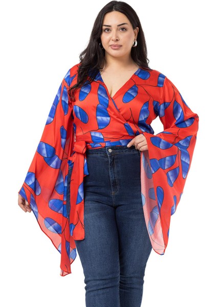 Büyük Beden Belden Bağlamalı Kol Detaylı Saten Kırmızı Bolero