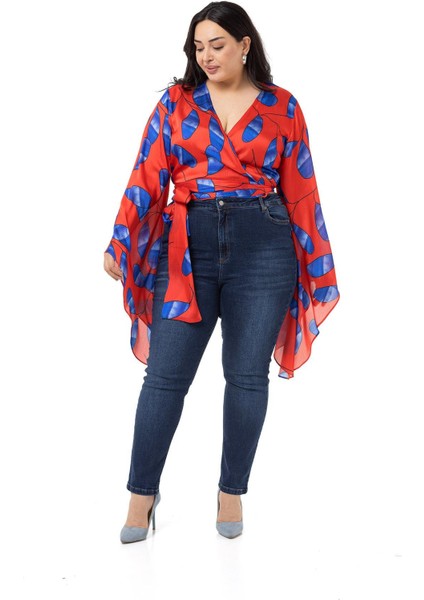 Büyük Beden Belden Bağlamalı Kol Detaylı Saten Kırmızı Bolero fiyatları