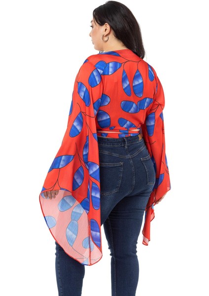 Büyük Beden Belden Bağlamalı Kol Detaylı Saten Kırmızı Bolero modelleri