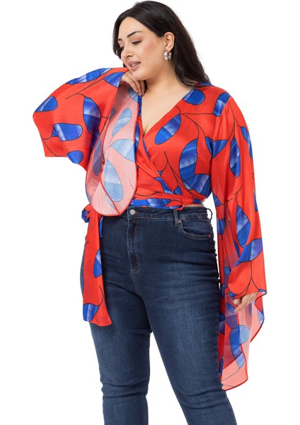 Büyük Beden Belden Bağlamalı Kol Detaylı Saten Kırmızı Bolero fırsatları