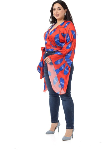 Büyük Beden Belden Bağlamalı Kol Detaylı Saten Kırmızı Bolero indirimleri