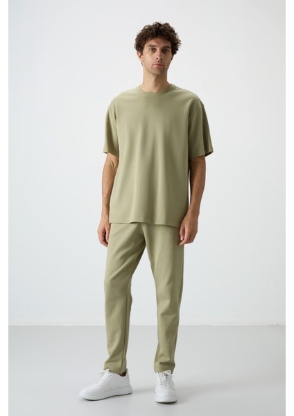 Açık Çağla Pamuklu Kalın Yumuşak Dokulu Oversize Fit Basic Erkek Eşofman Takım - 85251