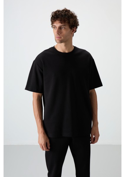 Siyah Pamuklu Kalın Yumuşak Dokulu Oversize Fit Basic Erkek Eşofman Takım - 85251