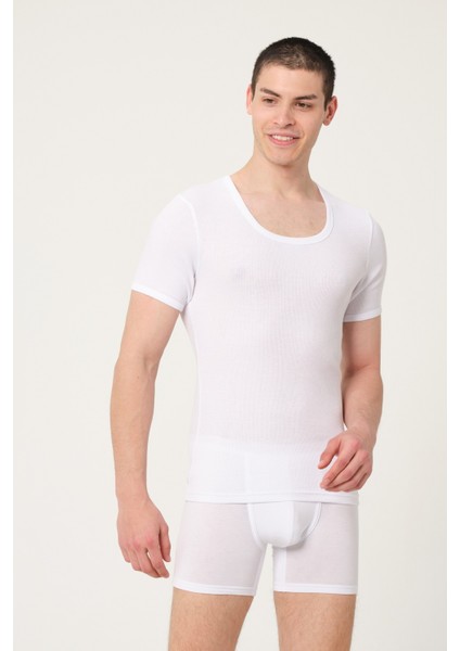 Erkek Süper Ince Pamuklu Kaşkorse Kısa Kollu Beyaz Atlet 2'li - 497
