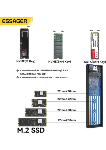 Ssd Kutusu CE/FC/ROHS Lisanslı 2280/2260/2242/2230 M.2 NVMe M.2 SATA 10Gps Gen 3x2 Yüksek Hızlı Son Nesil Teknoloji Metal Sağlam Orjinal