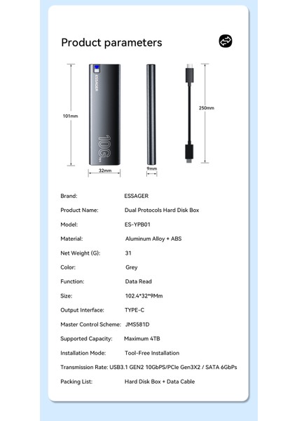 Ssd Kutusu CE/FC/ROHS Lisanslı 2280/2260/2242/2230 M.2 NVMe M.2 SATA 10Gps Gen 3x2 Yüksek Hızlı Son Nesil Teknoloji Metal Sağlam Orjinal