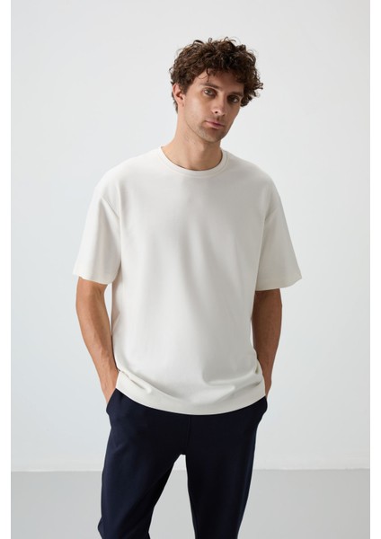Ekru - Lacivert Pamuklu Kalın Yumuşak Dokulu Oversize Fit Basic Erkek Eşofman Takım - 85251 fiyatları