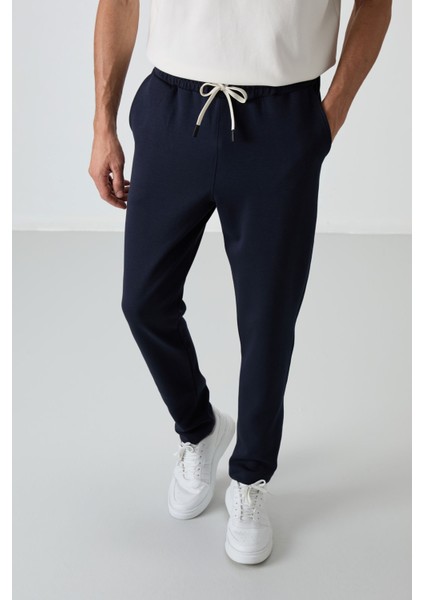 Ekru - Lacivert Pamuklu Kalın Yumuşak Dokulu Oversize Fit Basic Erkek Eşofman Takım - 85251 modelleri