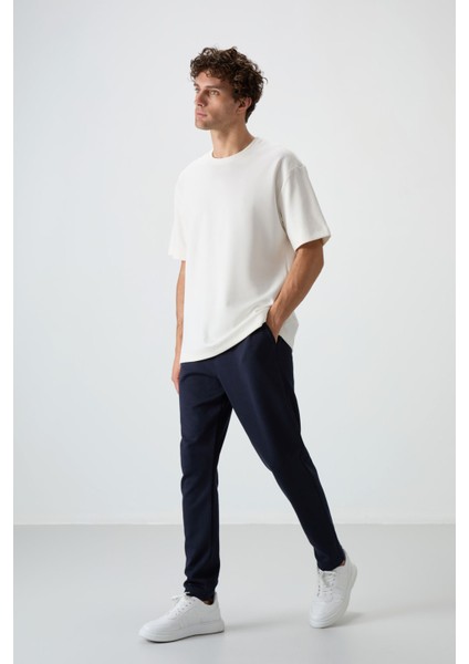 Ekru - Lacivert Pamuklu Kalın Yumuşak Dokulu Oversize Fit Basic Erkek Eşofman Takım - 85251 fırsatları