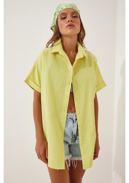 Kadın Sarı Oversize Uzun Kısa Kollu Basic Poplin Gömlek HZL22S-BD1201201