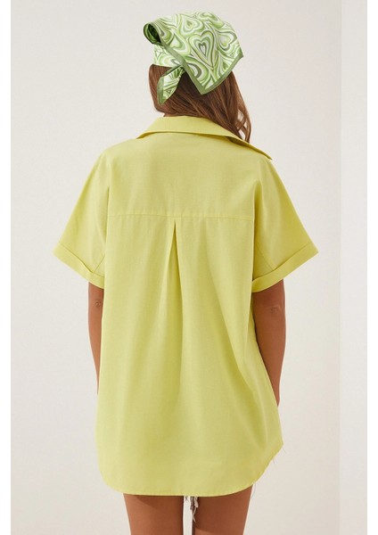 Kadın Sarı Oversize Uzun Kısa Kollu Basic Poplin Gömlek HZL22S-BD1201201