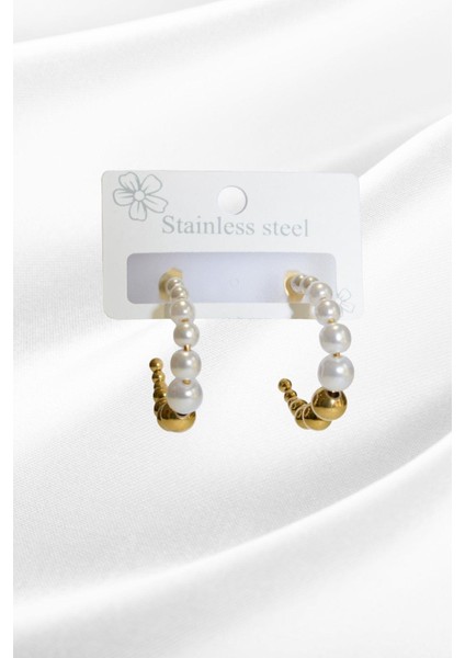 Çelik Gold Renk Inci Detaylı Halka Model Kadın Küpe