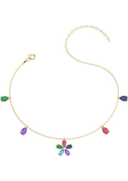 Renkli Taş Çiçek Altın Kaplama Gümüş Halhal