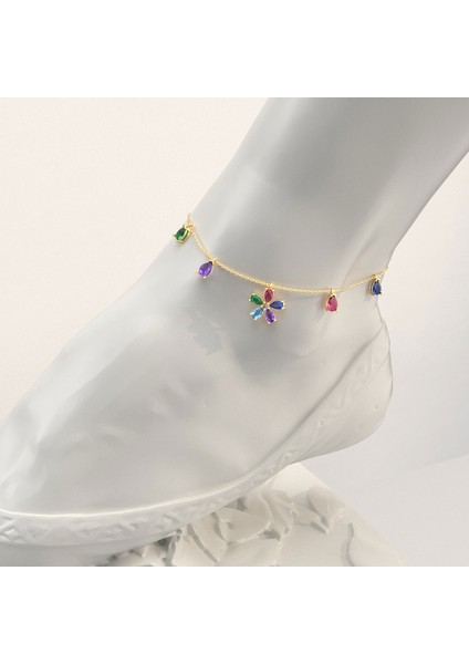 Renkli Taş Çiçek Altın Kaplama Gümüş Halhal fiyatları