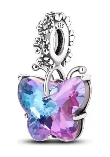 Gümüş S925 Damgalı Kristal Mavi Mor Kelebek Charm