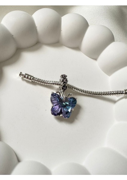 Gümüş S925 Damgalı Kristal Mavi Mor Kelebek Charm indirimleri