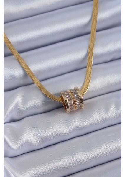 316L Çelik Gold Renk Italyan Zincir Model Zirkon Taşlı Kadın Kolye - TJ-BKO7624