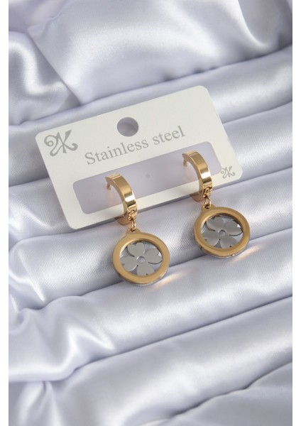 316L Çelik Gold Renk Yonca Model Kadın Küpe - TJ-BKP7814