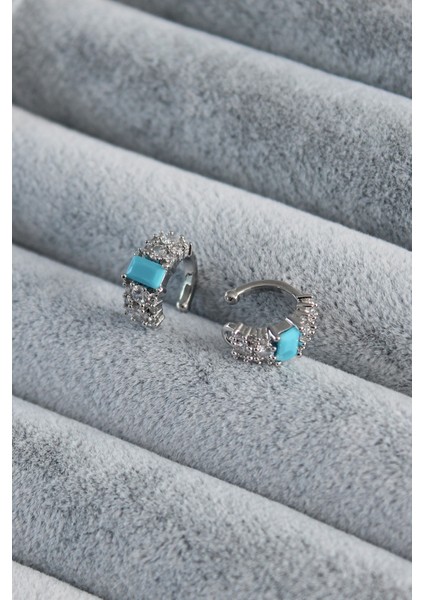 Gümüş Renk Zirkon Taş Detay Mavi Taşlı Earcuff Pirinç Kadın Kıkırdak Küpe - TJ-BKP7790