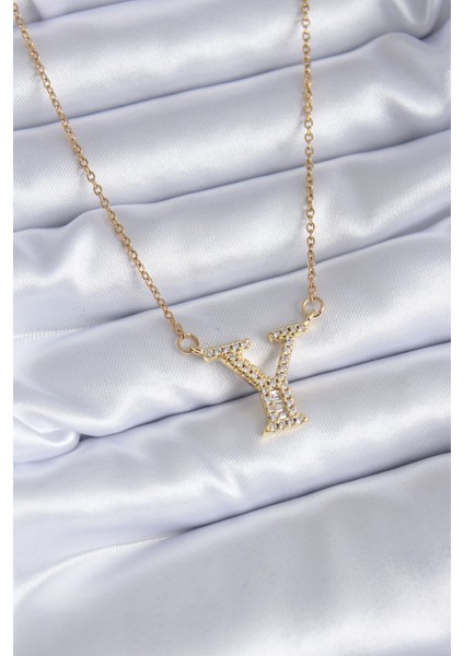 316L Çelik Gold Renk Y Harf Model Zirkon Taşlı Kadın Kolye - TJ-BKO7710