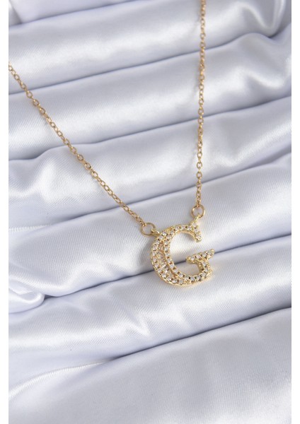 316L Çelik Gold Renk G Harf Model Zirkon Taşlı Kadın Kolye - TJ-BKO7711