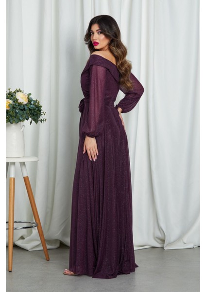 Yırtmaçlı Kolları Bağcıklı Simli Isteme Söz Nişan Nikah Elbisesi Abiyesi