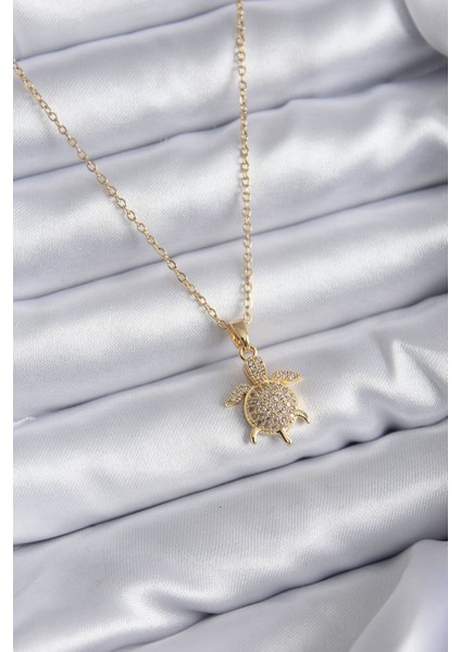 316L Çelik Zincir Gold Renk Zirkon Taşlı Caretta Caretta Model Kadın Kolye - TJ-BKO7832