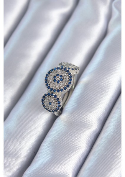 Zirkon Taşlı Gümüş Renk 3 Göz Ayarlanabilir Pirinç Kadın Yüzük - TJ-BYK2794