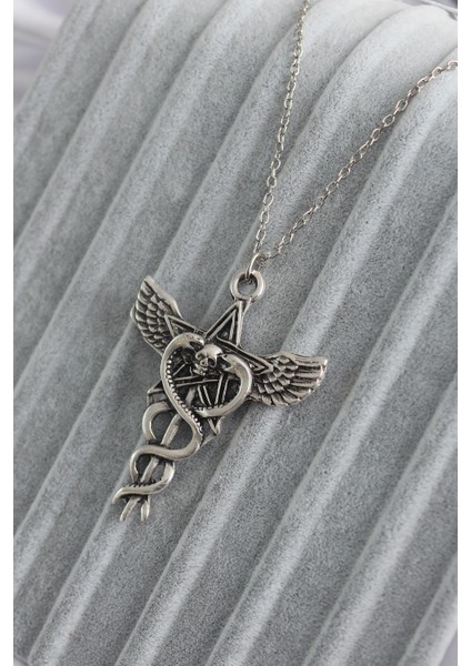 Gümüş Renk Pentagram Yıldız Model Yılan Detay Erkek Kolye - TJ-ERK1341