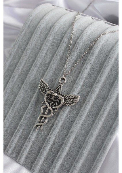 Gümüş Renk Pentagram Yıldız Model Yılan Detay Erkek Kolye - TJ-ERK1341