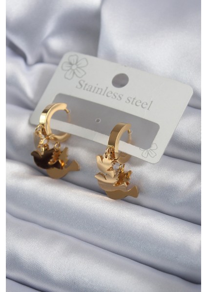 316L Çelik Gold Renk Sallantı Kuş Model Kadın Küpe - TJ-BKP7973