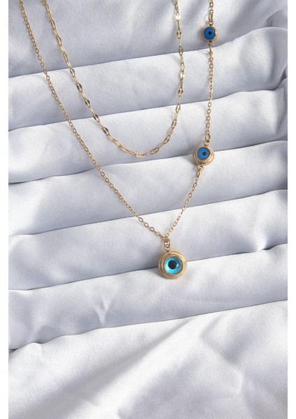 316L Çelik Gold Renk 2'li Zincir Nazar Boncuk Model Kadın Kolye - TJ-BKO7980