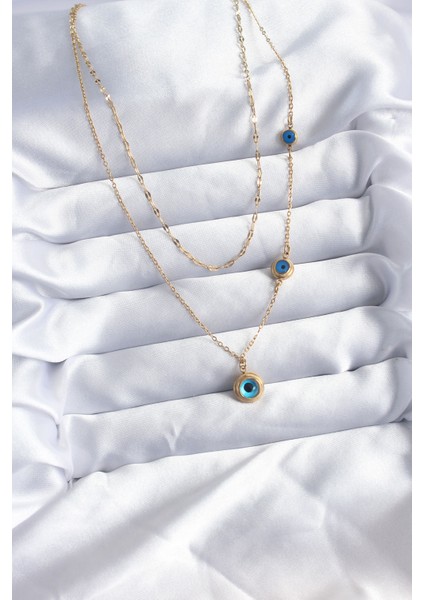 316L Çelik Gold Renk 2'li Zincir Nazar Boncuk Model Kadın Kolye - TJ-BKO7980 fiyatları