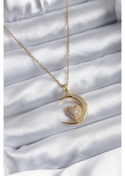 316L Çelik Gold Renk Hilal Kalp Model Zirkon Taş Detay Kadın Kolye - TJ-BKO7897