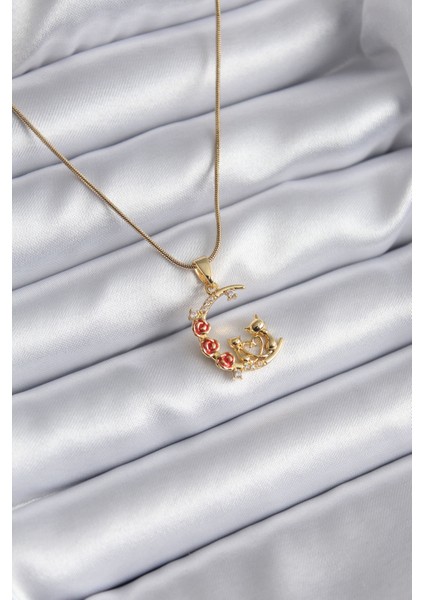 316L Çelik Gold Renk Hilal Kedi Model Zirkon Taşlı Detay Kadın Kolye - TJ-BKO8140