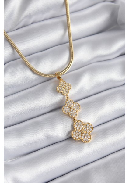 316L Çelik Gold Renk Italyan Zincir Zirkon Taşlı Yonca Model Kadın Kolye - TJ-BKO8153