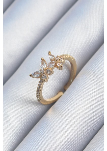 Pirinç Gold Renk Zirkon Taşlı Kelebek Model Kadın Yüzük - TJ-BYK2896