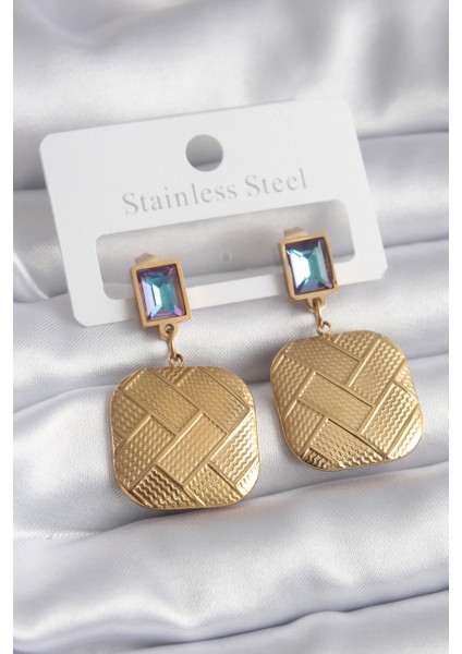 316L Çelik Gold Renk Kare Zirkon Taş Plaka Işleme Detay Kadın Küpe - TJ-BKP8273