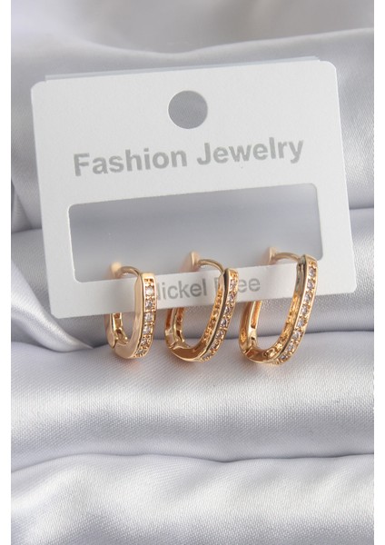 Pirinç Gold Renk Zirkon Taş Detay Halka Model Kadın Küpe - TJ-BKP8290