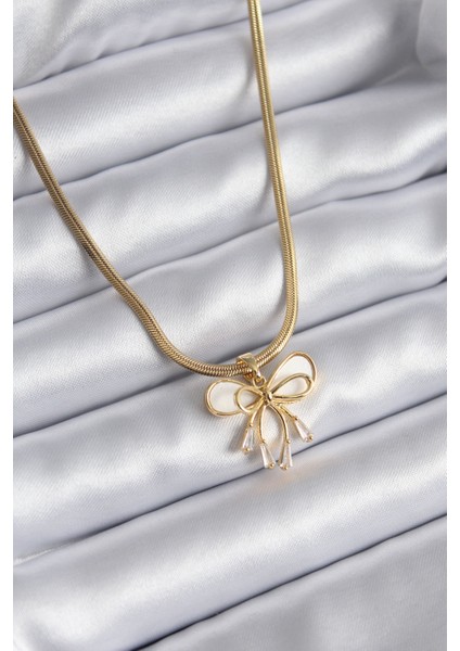 316L Çelik Gold Renk Italyan Zincir Zirkon Taş Detay Kurdele Model Kadın Kolye - TJ-BKO8145