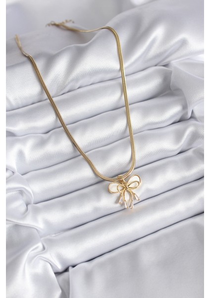 316L Çelik Gold Renk Italyan Zincir Zirkon Taş Detay Kurdele Model Kadın Kolye - TJ-BKO8145 fiyatları