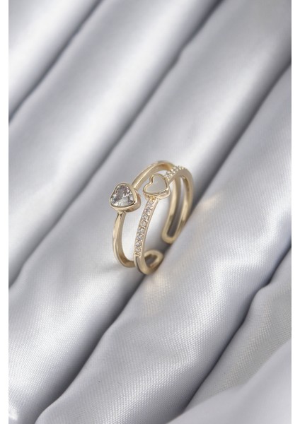 Pirinç Gold Renk Zirkon Taşlı Kalp Model Kadın Yüzük - TJ-BYK2931