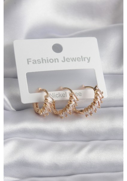 Pirinç Gold Renk Zirkon Taşlı Halka Model Kadın Küpe - TJ-BKP8282