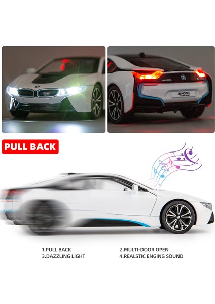 1/24 Bmw I8 Model Araba Için Uyumlu, Çinko Alaşım Geri Çekin Oyuncak Araba Çocuklar Için Ses ve Işık ile Erkek Kız Hediye (Beyaz) (Yurt Dışından)